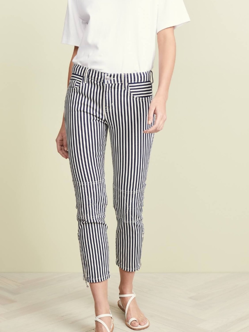 Current/Elliott Navy White Stripe Crop Knee Detail Moto Jeans 27